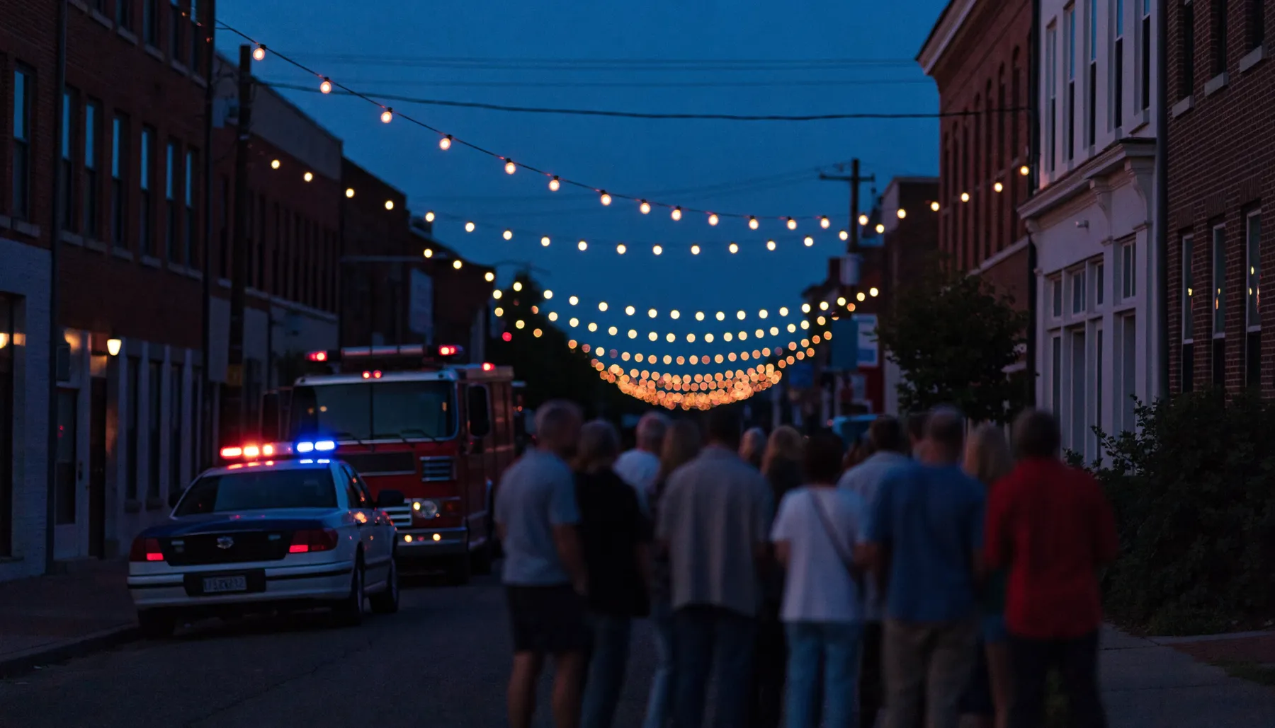 Neighbors gathered on a Simpsonville-style main street at dusk under string lights, a police cruiser and fire engine parked nearby